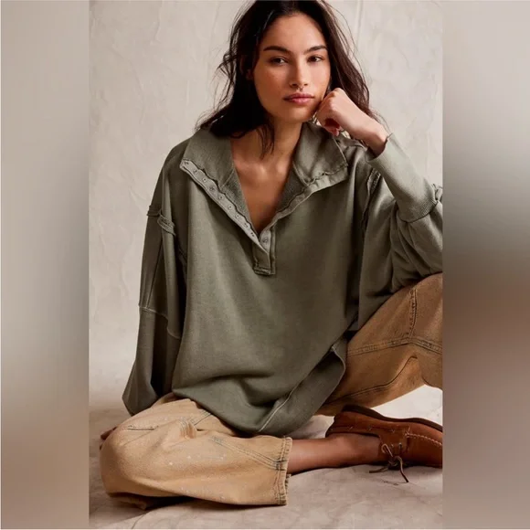 ❌SOLD!❌ NEW! Free People Camden Henley Sweatshirt MEDIUM Laurel Oak Olive Green - Picture 3 of 7